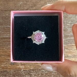 Pink Moissanite Flower Ring Adjustable Alloy Band Sparkling Floral Statement